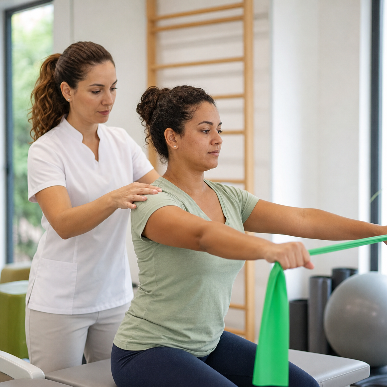 Sessão de fisioterapia na Clínica Luchetti com exercício de mobilidade.